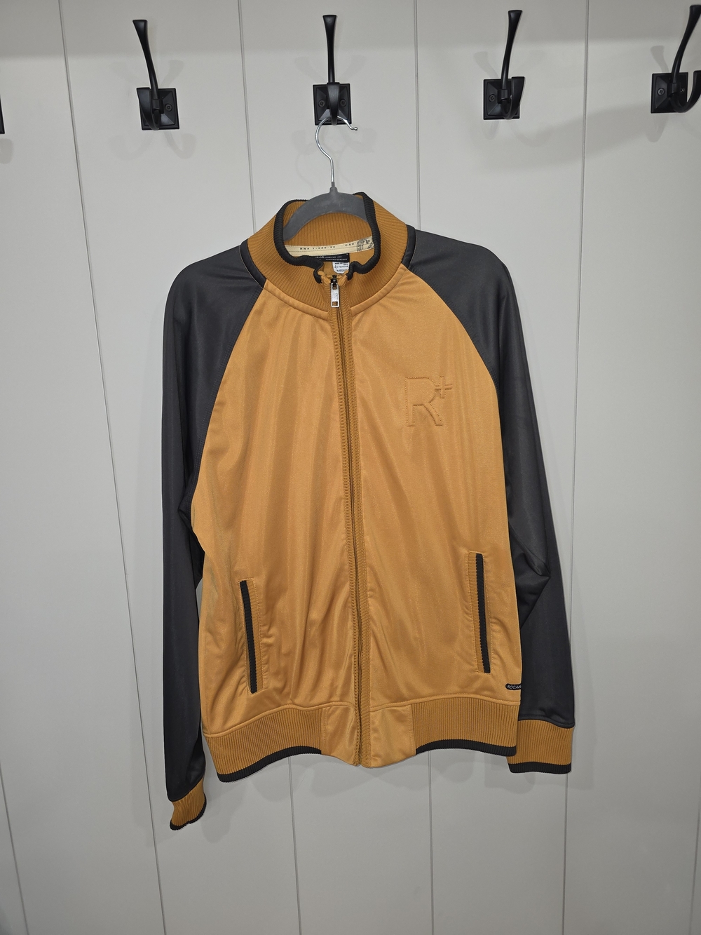 Rocawear Mustard and Charcoal Zip-Up Varsity Bomber Jacket Y2K